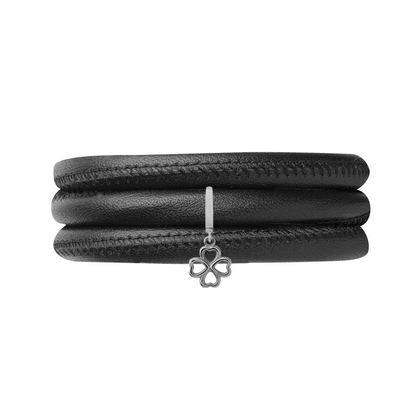 Christina Jewelry & Watches læderarmbånd med firkløver i sølv